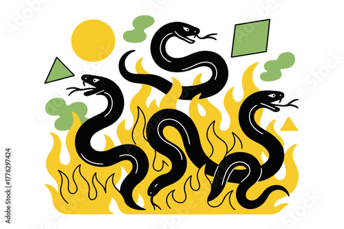Serpents Through Flame. Writhing Serpents in Fire. Serpents twisting through fire and smoke with floating abstract geometric shapes, intense and dramatic