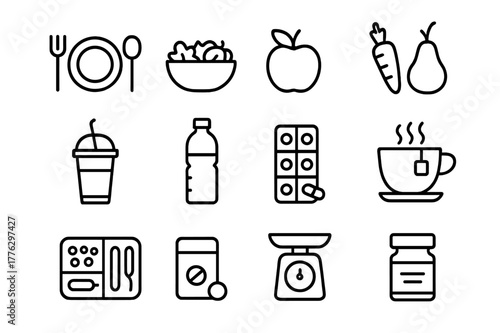 Nutrition Icon Grid. Nutrition and hydration. Line icon set of nutrition and hydration: plate, fork, spoon, salad bowl, fruit, vegetable, smoothie cup, water