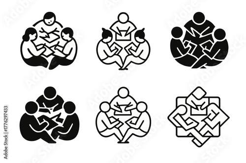 Artists Workshop Logo Concepts. Artists working together in a workshop. Set Logo of Artists working together in a workshop: sketchbooks arranged in a circle.