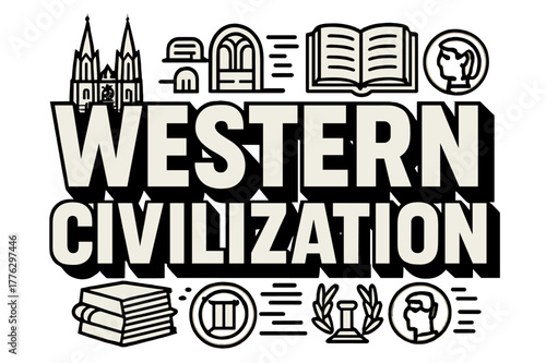 Western Civilization Typography. Bold Block Lettering ? "Western Civilization" in massive bold geometric letters, stacked block composition, heavy outlines