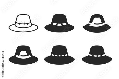 Scarecrow Hat Logos. Scarecrow hat. Set Logo of scarecrow hat: wide-brimmed straw hat with stitched band. Icon set. harmonious logo variations of the same