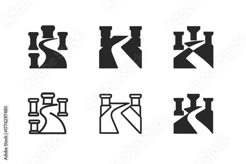 Sculpture Garden Logos. Sculpture gardens. Set Logo of Sculpture gardens: pathway with pedestal series. Icon set. harmonious logo variations of the same