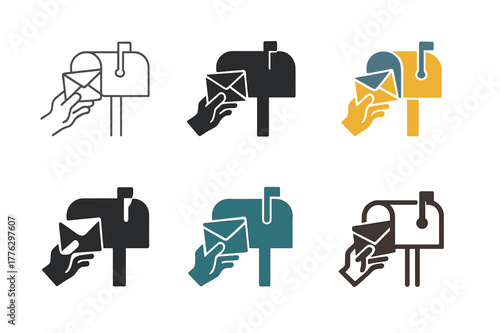 Mail Retrieval Icons. Bringing in the mail. Icon set. Set Logo of bringing in the mail: hand pulling letters from curbside mailbox. harmonious logo variations