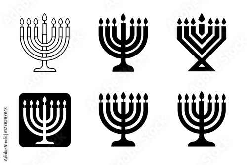 Hanukkah Menorah Logos. Hanukkah celebrations with menorahs and candles. Set Logo of hanukkiah: nine-branched menorah with raised shamash. Icon set. harmonious