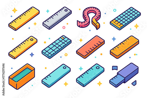 Colorful Rulers Icons. Ruler. Colorful isometric vector icons set of Ruler: straight ruler, steel ruler, flexible ruler, center-finding ruler, mini pocket