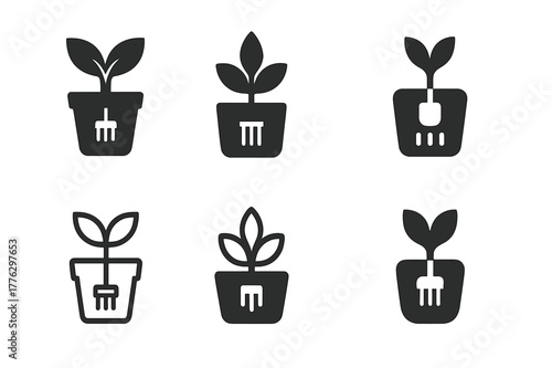 Smart Planter Logos. Plant pot. Icon set. Set Logo of plant pot: smart planter with moisture sensor. harmonious logo variations of the same emblematic concept,