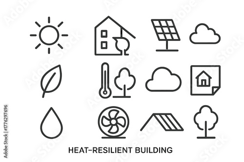 Heat-Resilient Icon Set. Heat-resilient buildings. Line outline icon set of heat-resilient buildings: sun,
