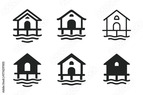 Lakeside Logo Variations. Lakeside. Set Logo of Lakeside: Boathouse on stilts. Icon set. harmonious logo variations of the same emblematic concept, each with