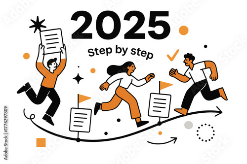 Vision Board. Vision Board ? Year Overview. Big ?? headline anchors a clean timeline; milestone cards pin along with tiny flags. Caption ?Step by step? curves