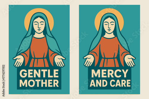 Gentle Mother's Mercy Banners. Mother of Mercy. Two vertical A6 banners with safe margins, centered composition, no elements touching edges, modern, turquoise