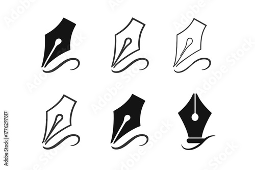 Handwriting Logo Variations. Handwriting practice worksheet. Set Logo of Handwriting practice worksheet: pen nib forming calligraphy strokes. Icon set.