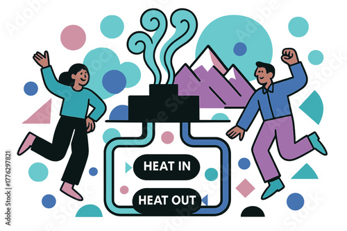 Geothermal Energy Flow. Geothermal Plant Loop. Steam plumes rise in tidy curls; cutaway pipes dive down and return with a ?Heat In / Heat Out? label. Mountains
