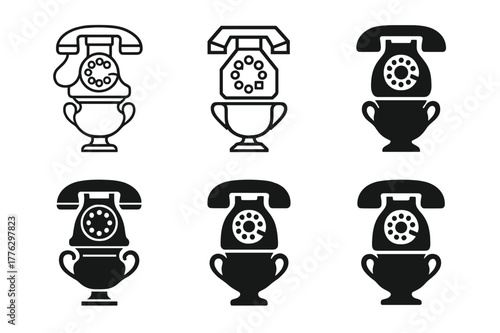 Vintage Electronics Logos. Decorating with vintage electronics. Set Logo of Decorating with vintage electronics: rotary dial phone centerpiece. Icon set.