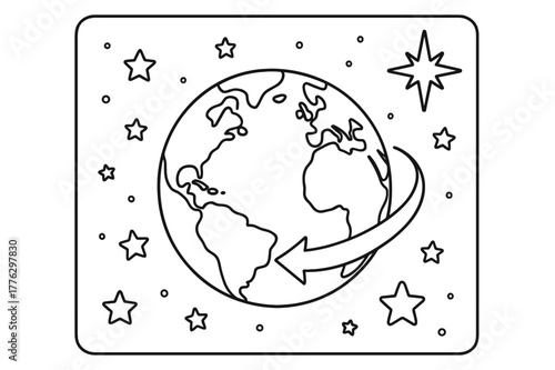 Earth Rotation Coloring Page. Stars and Earth?s rotation children?s coloring book illustration, outlined drawing, a globe showing a curved arrow of rotation