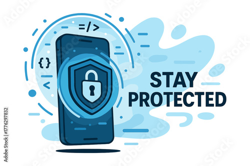Digital Security Shield. Mobile Data Protection. A smartphone shielded by a glowing digital lock; floating