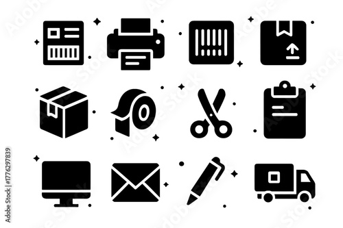 Logistics Equipment Icons. Logistics Equipment. Solid icons set of Logistics Equipment: shipping label, printer, barcode, package, box, tape dispenser,