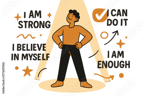 Empowerment Spotlight. Building confidence. Person standing tall under spotlight with affirmations floating