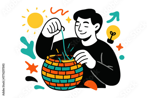 Colorful Basket Weaving. Handicrafts. A person weaving a colorful basket with glowing threads and abstract