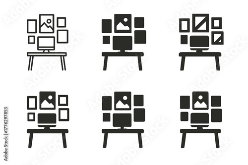 Creative Workspace Logos. Creative workspace with art on walls. Set Logo of Creative workspace with art on walls: gallery wall of frames above a desktop. Icon