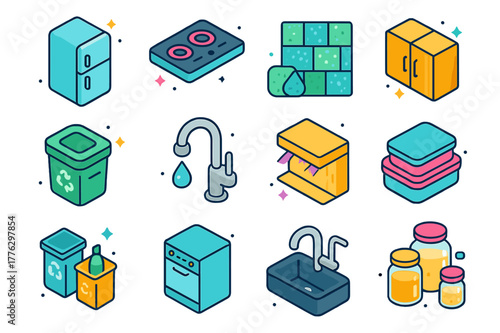 Sustainable Kitchen Icons. Sustainable kitchen remodel. Colorful isometric vector icons set of sustainable kitchen remodel: energy-efficient refrigerator,