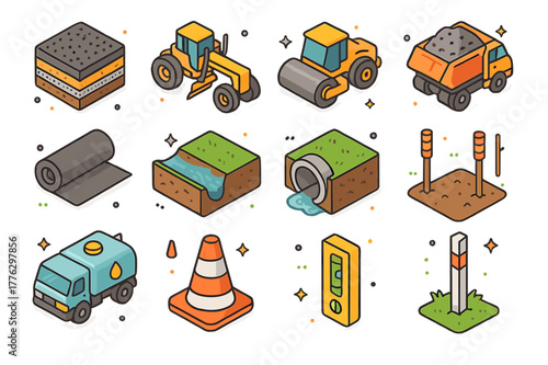 Gravel Road Construction Icons. Gravel road construction. Colorful isometric vector icons set of Gravel road construction: roadbed layers, motor grader,