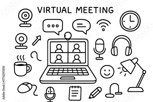 Virtual Meeting Icons. Virtual meeting. Hand-drawn doodle illustration virtual meeting laptop, webcam, microphone, chat bubbles, video grid, clock, wifi