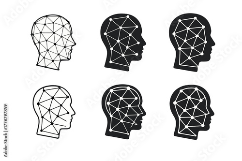 AI Realism Logos. AI realism. Set Logo of AI realism: 3D head mesh with vertices. Icon set. harmonious logo variations of the same emblematic concept, each