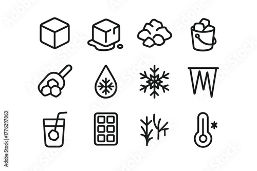 Ice Icon Collection. Ice. Line icon set of Ice: ice cube, melting cube, crushed ice, ice bucket, ice scoop, frozen droplet, snowflake, icicle, frozen drink,