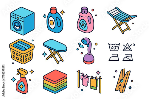 Laundry Icons Set. Laundry and garment care. Colorful isometric vector icons set of Laundry and garment care: washing machine, detergent bottle, fabric