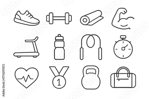 Active Lifestyle Icons. Active lifestyle. Line icon set of active lifestyle: running shoe, dumbbell, yoga mat, flexed bicep, treadmill, water bottle, jump