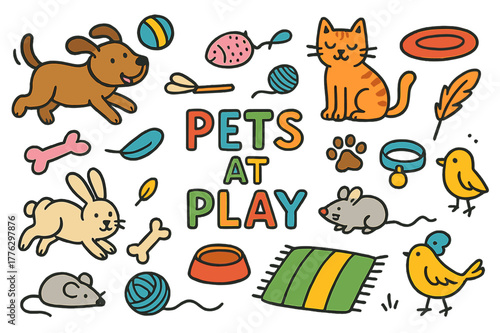 Playful Pets Doodle. pets at play. Colorful Hand-drawn doodle Children illustration pets at play dog, cat, ball, chew toy, yarn, mouse toy, frisbee, bone,