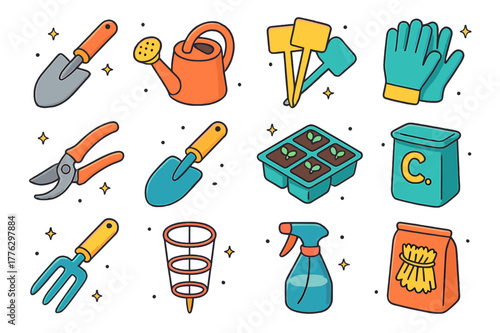 Colorful Gardening Tools Icons. Home tomato gardening tools. Colorful isometric vector icons set of Home tomato gardening tools: hand trowel, watering can,