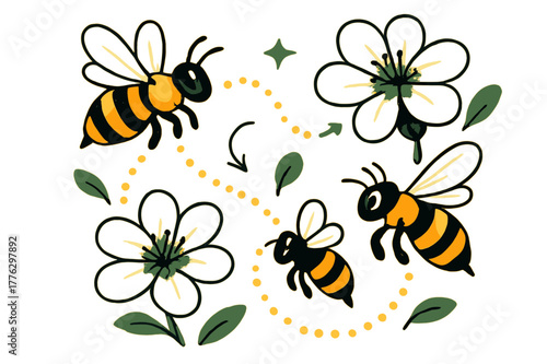 Bees' Pollen Dance. Bee teamwork. Multiple bees flying between blossoms, trails of glowing pollen particles