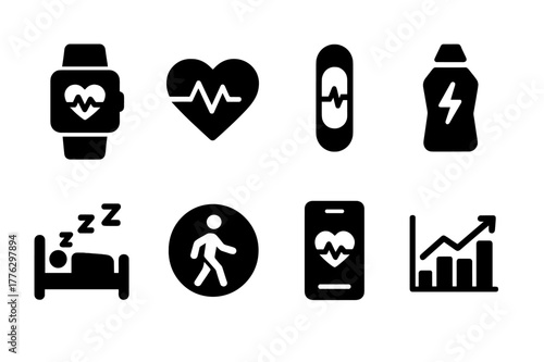 Health Monitoring Icons. Health monitoring. Filled icon set of health monitoring: smartwatch, heart rate icon,