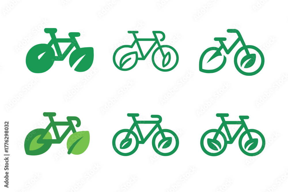 Fototapeta premium Eco Bike Logo Variations. Eco commuting. Set Logo of Eco commuting: bicycle with leaf wheel. harmonious logo variations of the same emblematic concept, each