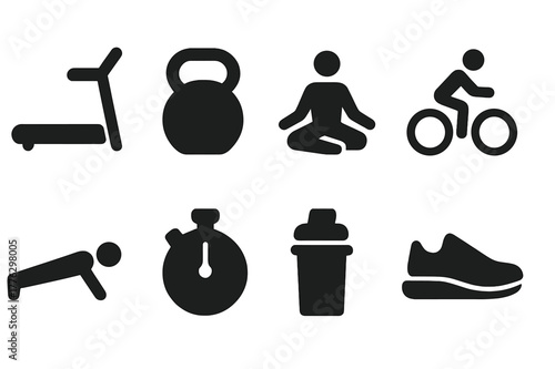 Fitness Icon Set. Physical fitness. Filled icon set of physical fitness: treadmill, kettlebell, yoga pose,