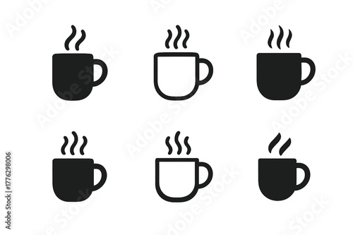 Cozy Corner Logos. Setting up a cozy corner with comfy seating for casual chats. Set Logo of cozy corner: steaming mug of tea. Icon set. harmonious logo