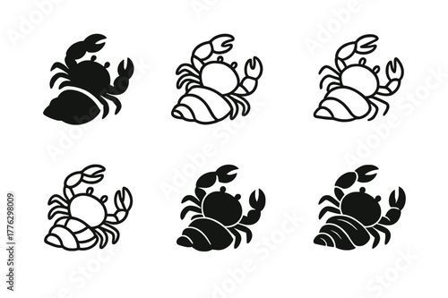 Crab Logo Variations. Tidal pools and their diverse aquatic life. Set Logo of crab: small crab climbing over shell. Icon set. harmonious logo variations of the