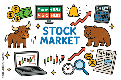 Vibrant Stock Market Icons. Stock market. Colorful Hand-drawn doodle Children illustration Stock market ticker screen, candlestick chart, bull, bear, coins,