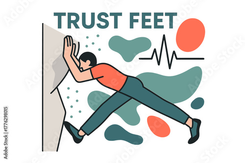 Slab Balance Artistry. Slab Balance Challenge. Palms press, toes smear, the body becomes a line; ?TRUST FEET? hovers as tiny grip dots drift. A calm heartbeat