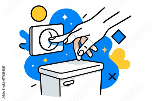 Modern Flush Moment. Toilet Flush Button. Hand reaching for toilet flush button with floating abstract geometric shapes and soft glowing accents, modern