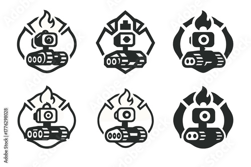 Tech-Enhanced Firefighter Logos. Firefighters and emergency services working with technology. Set Logo of firefighters and emergency services working with