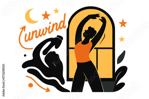 Evening Stretch Silhouette. Evening stretch. Person silhouetted against window glow, arms overhead; stars and moon floating above; ?unwind? written in air.