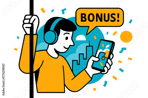 Gaming on the Bus. Playing a mobile game on the go ? Bus commute. Headphones on, thumb taps feverishly while the city scrolls outside; confetti sprites float.