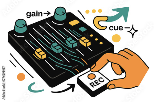 Dynamic Radio Studio. Radio Studio Desk ? Mixing Console. Faders glide with ghosted motion trails; a hand taps ?REC? while LEDs sparkle. Arrows label ?gain >?