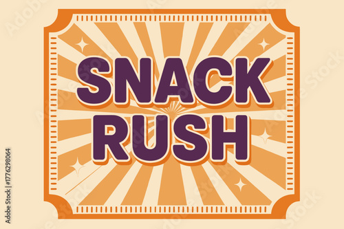 Retro Snack Poster. . Snack Rush ? Retro Poster: bold rounded headline, centered layout with halftone rays and subtle paper grain; effects: thin outline, soft