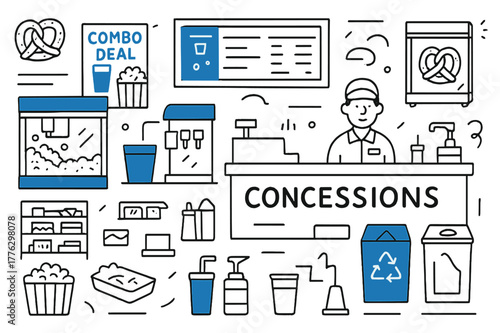 Concession Stand Doodles. Concession stand lobby. Hand-drawn doodle illustration concession stand lobby popcorn machine (accented), soda fountain (accented),
