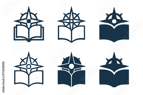 Knowledge Compass Logos. Knowledge. Set Logo of Knowledge: Compass. harmonious logo variations of the same emblematic concept, each with different artistic