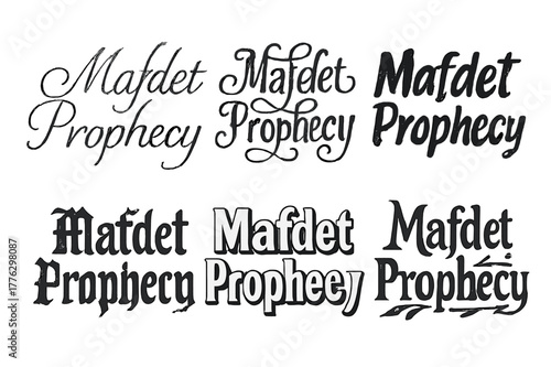 Mafdet Lettering Variations. Mafdet Prophecy. Set lettering. harmonious lettering variations of the same emblematic concept, each with different artistic