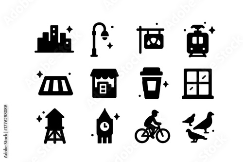 Dawn City Icons. City at dawn. Solid icons set of City at dawn: skyline, streetlamp turning off, bakery sign, tram, empty crosswalk, newspaper stand, takeout